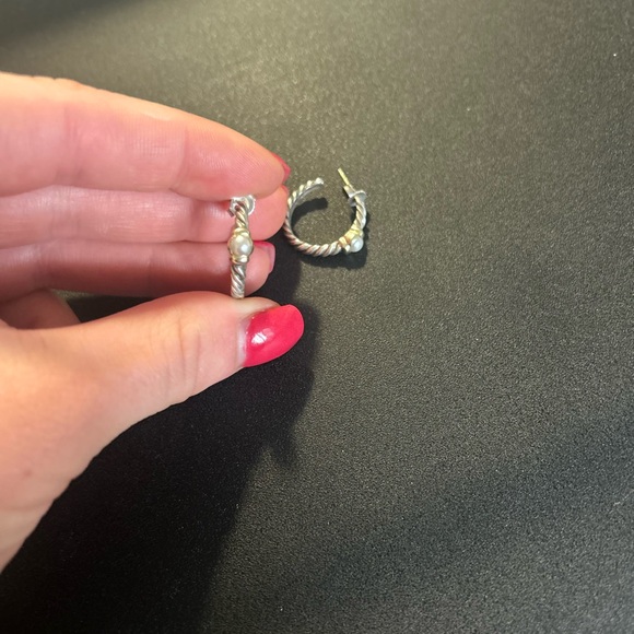 David Yurman Silver Gold Pearl Hoop Earrings - Picture 3 of 9